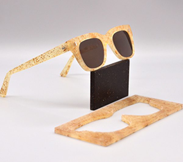 A pair of glasses made using food bio-waste such as potato peels