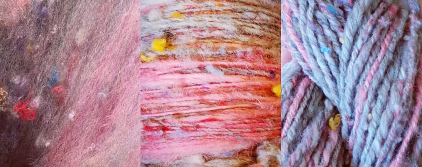recycled pink and purple yarn spun from waste fabric